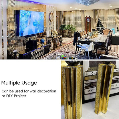 Peel and Stick Mirror Backsplash Tile, Gold, 11.8 x 11.8 Inch, Beveled Mirror Strip Tile for Kitchen Bathroom Bar Accent Wall, Pack of 5 Sheets