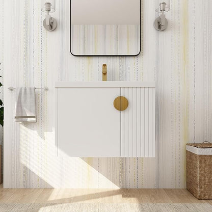 SSLine 28" Wall-Mount Bathroom Vanity Modern Floating Bathroom Vanity Set with Ceramic Sink Basin & Storage Cabinet 28-Inch Luxury White Small Bathroom Vanities with Round Metal Handles