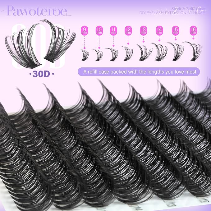 Lash Clusters 200pcs Individual Lashes 30D Cluster Eyelash Extensions 11-16mm Eyelash Clusters Lash Extensions for Self Application (30D, 0.07D, 11-16mm Refill)