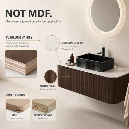 48 Inch Bathroom Vanity with Sink, Floating Wall Mounted Single Sink Vanity, Dark Walnut Curved Fluted Front, Stone Top, Black Textured Rectangular Vessel Basin, Pre-Assembled