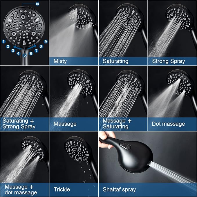 Shower Head with Handheld,High Pressure, 10 Spray Modes, Black | High Pressure Shower Head With 10 Spray Modes, Stay Clean Nozzles, Power Wash for Tub, Tile & Pets, Long 5 ft Hose