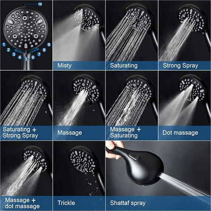Shower Head with Handheld,High Pressure, 10 Spray Modes, Black | High Pressure Shower Head With 10 Spray Modes, Stay Clean Nozzles, Power Wash for Tub, Tile & Pets, Long 5 ft Hose