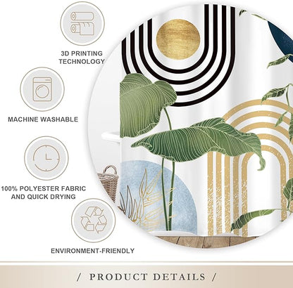 Glawry Navy Blue Boho Shower Curtain Abstract Light Blue Mid Century Tropical Plant Minimalist Modern Bathroom Mid Century 60Wx72L Inches Bath Accessories Art Home Decor Fabric 12 Pack Hook