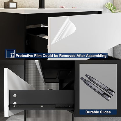 eclife 36" Bathroom Vanity Cabinet with Undermount White Sink Combo, Wall Mounted Floating Bathroom Cabinet with Colors Mixed Style, 2 Big Drawers & Matte Black Faucet