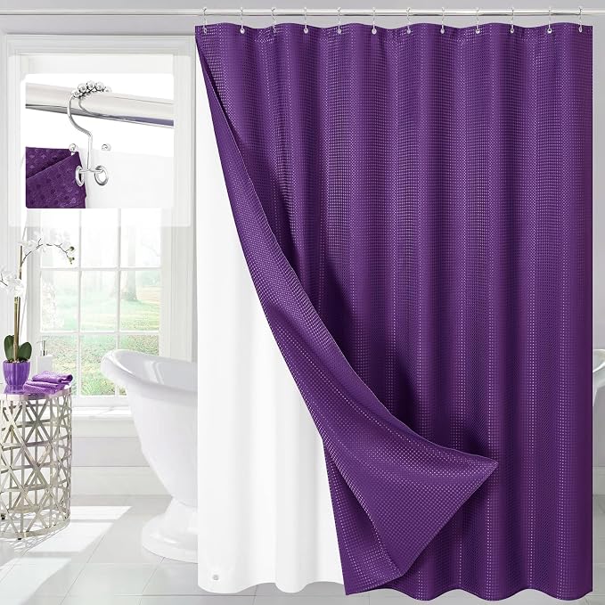 3 in 1 Purple Shower Curtain with PEVA Liner, 12 Hooks, 72x72 | Luxury Weighted Fabric Shower Curtain Set, 12 Stainless Steel Double-Sided Hooks, Water Repellent, Bathroom Decor