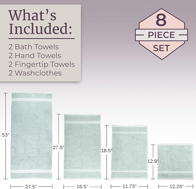 Lavish Home 8PC Bathroom Towels Set - 575GSM 100% Cotton Bathroom Essentials with 2 Bath Towels, 2 Hand Cloths, 2 Wash Cloths, and 2 Fingertip Fabric for Shower, Gym, Dorm and Spa (Seafoam)