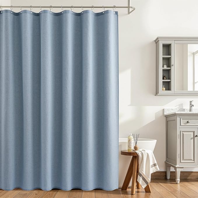 Linen Shower Curtain 78 Inch Long Shower Curtains Set with Hooks for Bathroom Boho Farmhouse Fabric Neutral Cloth Modern Cottage Core Waterproof,Stone Blue