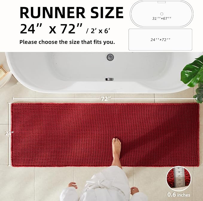 TYUU Waffle Runner Rug Bathroom, Long Boho Bath Mat, 72x24 Burgundy | Super Absorbent Quick Dry Bath Rug, Non-Slip Backing, Soft Waffle Washable Farmhouse Bathroom Mats, Tub, Shower & Home Decor