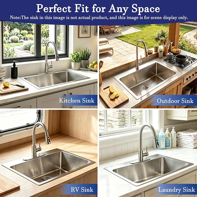 VAPSINT 33x22 Drop In Kitchen Sink, 33 Inch Stainless Steel Top Mount Single Bowl Sink for Kitchen, Overmount Handmade 16 Gauge Brushed Nickel RV Laundry Prep Sinks with Drain