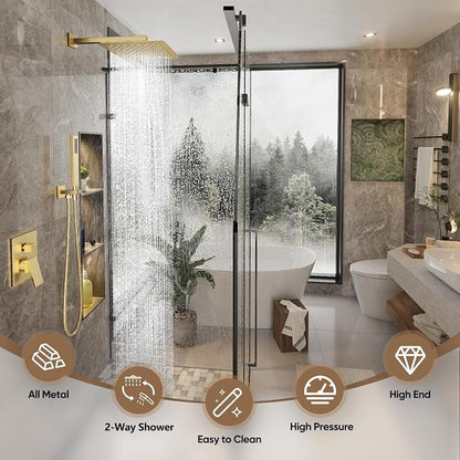 Gabrylly Rain Shower Head with Handheld Spray Combo, 12", Brushed Gold | All Metal Shower System, High Pressure Rainfall Shower Faucet Set, Solid Brass Shower Valve Complete Shower Set for Bathroom