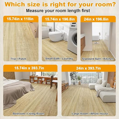 Countewol Stick Vinyl Flooring Roll, Light Oak Wood Grain Self Adhesive PVC Floor Sheet, Waterproof, Scratch Resistant & Removable Vinyl Floor Covering for Kitchen, Bedroom, RV, Apartment DIY