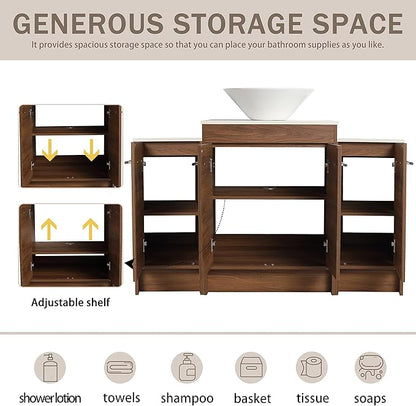 48" Bathroom Vanity, 48 Inch Freestanding Vanity with Ceramic Vessel Sink, Modern Single Sink Bathroom Vanity Combo, Brown Floor Standing Storage Cabinet Set with Soft-closing Design (BRE217, 48*18)