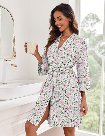 Ekouaer Women Kimono Robes Knee Length Knit Bathrobe Lightweight Soft Sleepwear V-neck Casual Ladies Loungewear