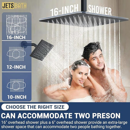 16" Thermostatic Dual Rainfall Head Matte Black Shower System | Ceiling Mounted Full Body Shower Faucet Set with Thermostatic Valve for Couples/ 2-Person，16“+6”Shower Head & handheld