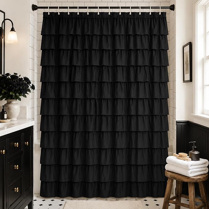 Black Gothic Shower Curtain for Bathroom, Extra-Long 72 x 84 inch, Ruffle | Cascading Layered Ruffles, 72x84, 8ft, 12 Plastic Hooks Included, Machine Washable, Soft Brushed Microfiber Fabric