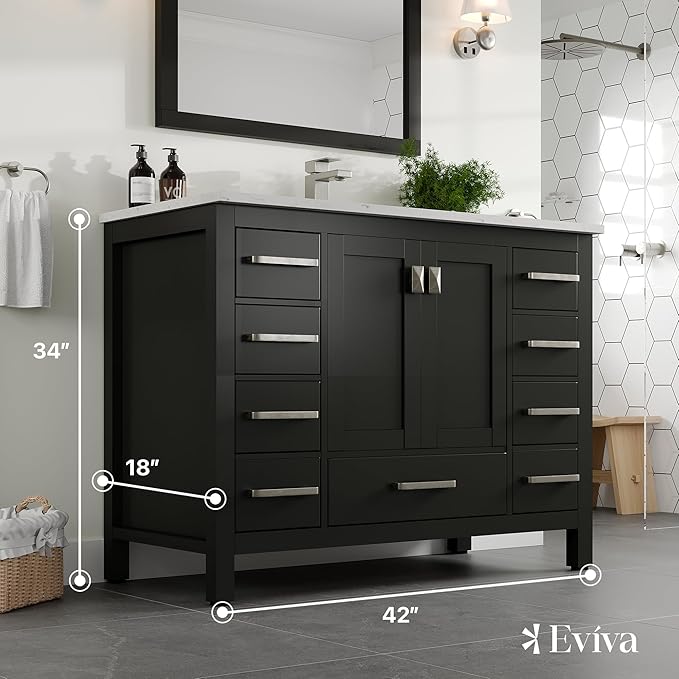 Eviva London 42 Inch Vanity with Top – 42 Bathroom Vanity with Sink and Countertop, Espresso 42 in Bathroom Sink Cabinet with Quartz Countertop and Porcelain Single Sink for Modern Vanity Bathroom