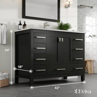 Eviva London 42 Inch Vanity with Top – 42 Bathroom Vanity with Sink and Countertop, Espresso 42 in Bathroom Sink Cabinet with Quartz Countertop and Porcelain Single Sink for Modern Vanity Bathroom