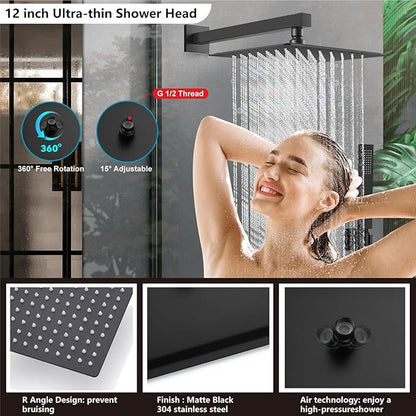 Midanya Shower Faucet Set,Wall Mount Shower System with Square Rain Shower Head and Hand Sprayer, Rough-in Valve Body and Trim Kit Included,12 Inch,Matte Black