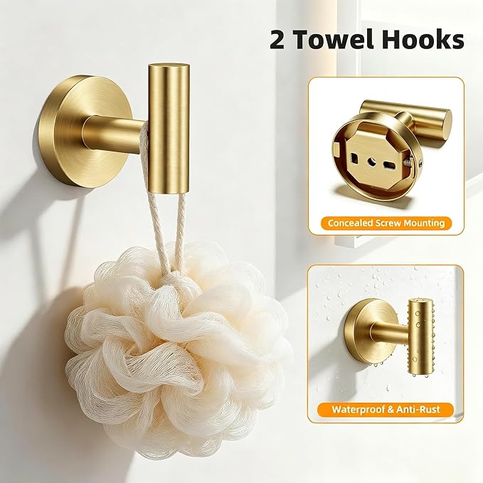 Gold 5-Piece Bathroom Hardware Set, 23.6 Inch Towel Bar Set SUS304 Stainless Steel Towel Racks for Bathroom Round Towel Bar, Towel Ring, Toilet Paper Holder, 2 Robe Hooks, Wall Mounted