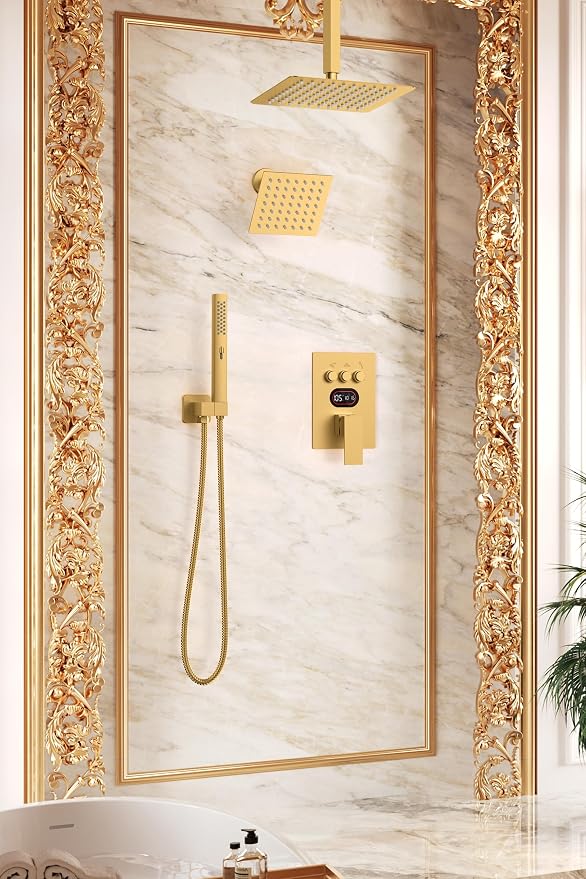 Longriver 3-Push Button Shower Faucet Set Hydro Power Temperature Display | Shower System Ceiling Mounted 10" & Wall Mounted 6" Shower Head with 3-Spary Handheld, Brushed Gold