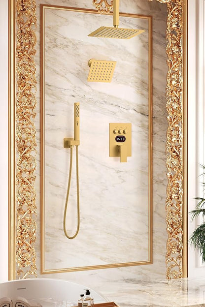 Longriver 3-Push Button Shower Faucet Set Hydro Power Temperature Display | Shower System Ceiling Mounted 10" & Wall Mounted 6" Shower Head with 3-Spary Handheld, Brushed Gold