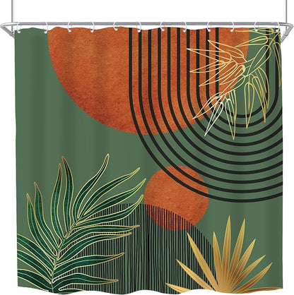 Mid Century Green Orange Boho Abstract Modern Bathroom Shower Curtain Set | 72Wx72L Sun Arch design, waterproof HD print with fast-drying fabric and 12 hooks.