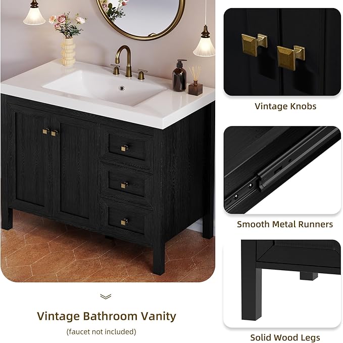 DWVO 42 Inch Bathroom Vanity with Sink Combo, Modern Bathroom Storage Cabinet with Resin Basin, Three Holes, 2 Doors & 3 Drawers, Black