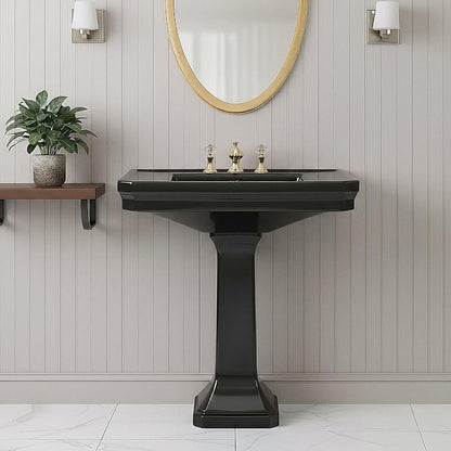 Renovators Supply Manufacturing Victorian 32" W x 34.5" H x 22" Proj. Large Bathroom Black Pedestal Sink, Vitreous China, with Overflow, Compatible with 8 in. Widespread Faucets
