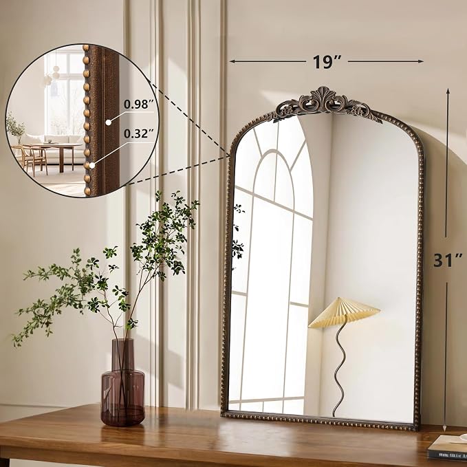 Micasso Bathroom Mirror for Over Sink: 19"x31" Bronze Vintage Arched Mirror | Traditional Ornate Baroque Decorative Antique Wall Mirror for Bedroom/Entryway/Hallway/Dresser/Vanity/Mantel/Nightstand