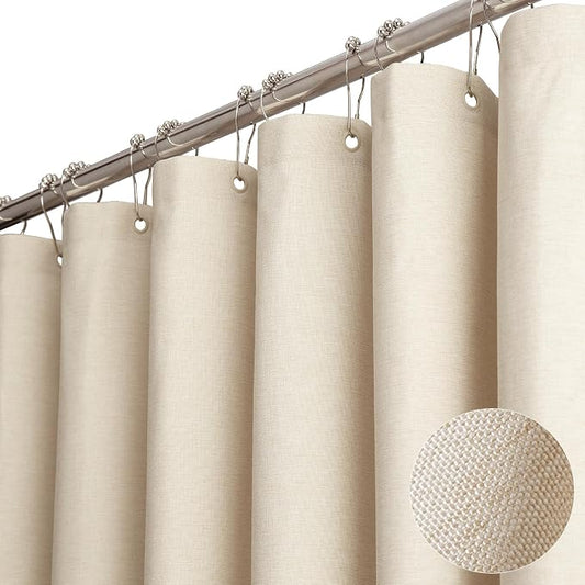 84x72 Wide Linen Textured Waterproof Cloth Shower Curtain, Beige/Cream | Wide Size, 230GSM Polyester, Heavy Duty Fabric, Weighted Hem, 14 Plastic Hooks, Modern Luxury Hotel Style, Machine Washable