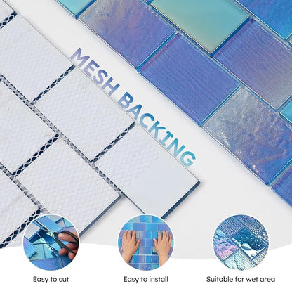 Pool Glass Mosaic Tiles, Iridescent Blue, 2x3 Inch Brick, 5 Sheets | Glass Tile for Swimming Pool, Kitchen Backsplash, Shower, Bathroom Wall, Waterline, Fountain