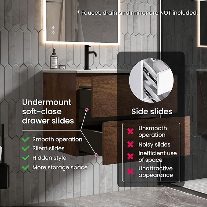24" Bathroom Vanity with Sink, Modern Floating Vanity with Double Soft Closing Drawers, Large Storage for Small Space, Walnut, Fully Assembled - Iris Collection