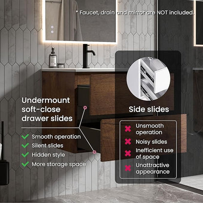 24" Bathroom Vanity with Sink, Modern Floating Vanity with Double Soft Closing Drawers, Large Storage for Small Space, Walnut, Fully Assembled - Iris Collection