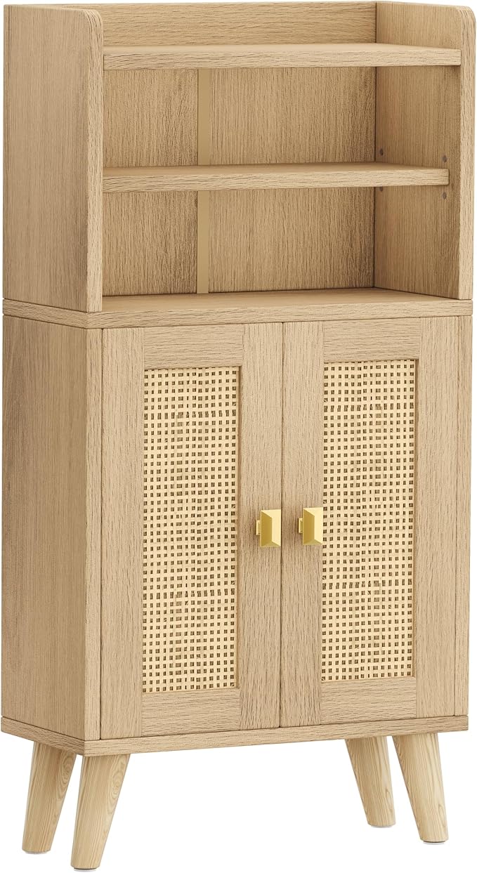 Rattan Small Bathroom Storage Cabinet, Narrow Floor Toilet Paper Storage with 2 Doors and Adjustable Shelf, Bathroom Organizers and Storage for Small Spaces, 7.9''D x 15.0''W x 31.5''H, Natural Oak
