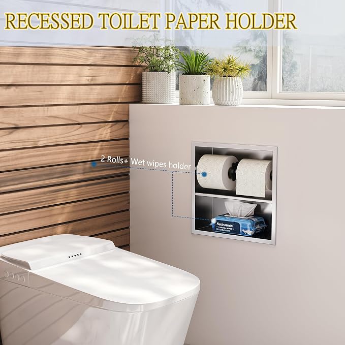 Neodrain Brushed Recessed Toilet Paper Holder,Double Layer,Wet Tissue | Space-Saving Wall Niche Cabinet Storage, Rustproof & Durable,For Bathroom, Kitchen & Vanity