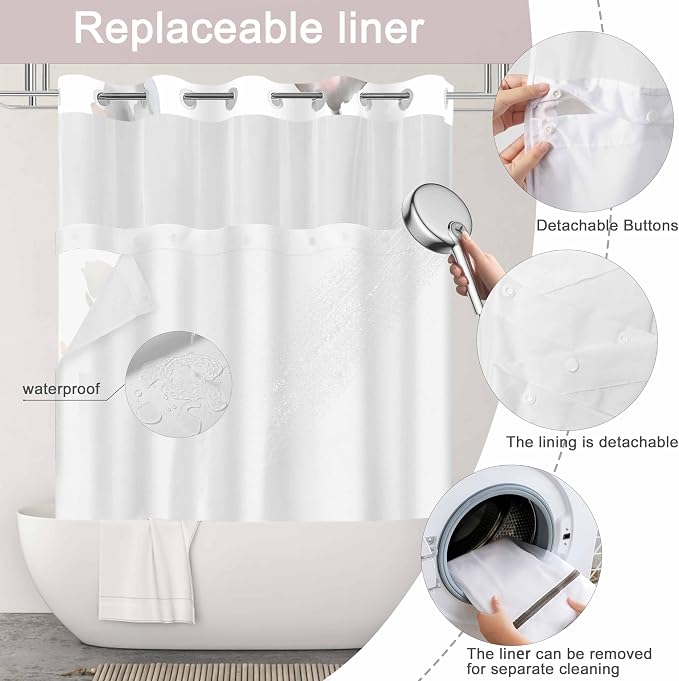 No Hook Shower Curtain and Liner Set, Pink Boho Floral 71x77 | Watercolor Boho Flower, with Snap in Liner, Mesh Top Window, Waterproof, Machine Washable, Quick-Drying, for Hotel Bathroom