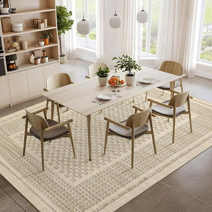 Washable Area Rug 9x12 Rug for Living Room Modern Plaid Large Area Rug for Bedroom Decor Farmhouse Non Slip Throw Rugs Low Pile Stain Resistant Carpet for Office Dining Room 9'x12' Beige