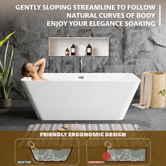 66" Acrylic Freestanding Soaking Tub, Contemporary Design Bathtub, Chrome Overflow & Drain, Easy Installation for Modern Bathroom, White