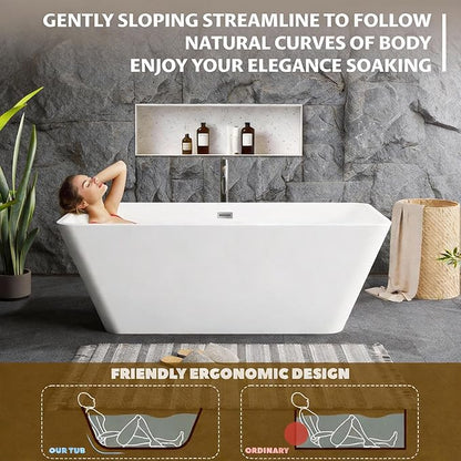 66" Acrylic Freestanding Soaking Tub, Contemporary Design Bathtub, Chrome Overflow & Drain, Easy Installation for Modern Bathroom, White