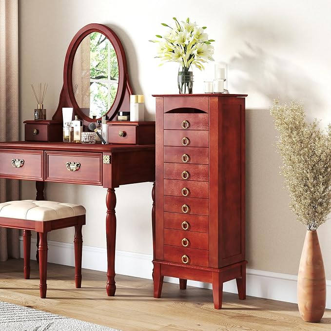 COSTWAY Standing Jewelry Cabinet, Wooden Jewelry Storage Chest with 9 Drawers, 2 Side Doors & Flip Top Mirror, Bedroom Jewelry Armoire with Top Divided Compartments