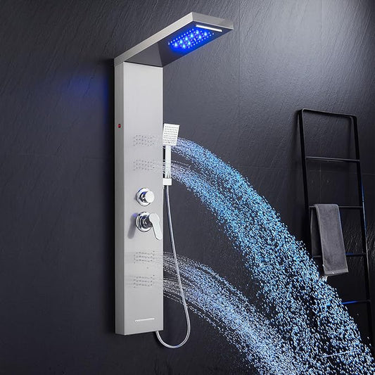 Shower Panel Tower System with LED Lights, Stainless Steel 5 in 1 Shower Panel with Rainfall Waterfall Shower Head, Body Spray, Handheld Shower, Tub Spout (Brushed)