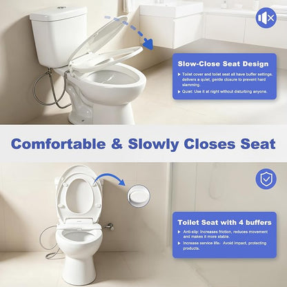Non-Electric Toilet Seat with Bidet Fits Elongated Toilets | Self-Cleaning Dual Nozzle System for Front&Rear Wash,Adjustable Water Pressure,Quiet&Slow Close Toilet Seat&Lid,Non Loosening