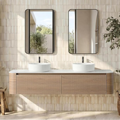 72" Floating Bathroom Vanity with Double Vessel Sink, Honey Oak | Pre-Assembled Fluted Wall Mounted Vanity with Ceramic Sink, Sintered Stone Countertop, Soft-Close Drawer & Towel Rack