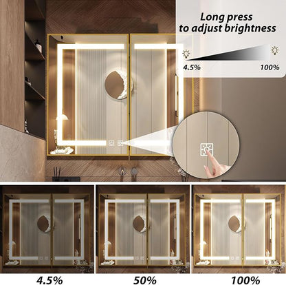 APRILSOUL 36x30 Inch Lighted Bathroom Medicine Cabinet with Mirror, Gold Recessed or Surface Mount Medicine Cabinet Mirror with Storage and LED Lights, 3 Colors Temperature, Dimmable Light