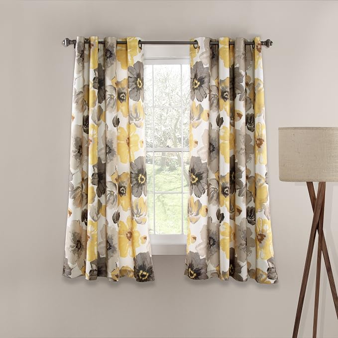 Lush Decor Leah Light Filtering Window Curtain Panels, Pair, 52" W x 45" L, Yellow & Gray - Floral Drapes for Bedroom - Yellow Curtains -Farmhouse Decor