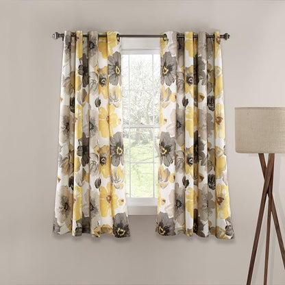 Lush Decor Leah Light Filtering Window Curtain Panels, Pair, 52" W x 45" L, Yellow & Gray - Floral Drapes for Bedroom - Yellow Curtains -Farmhouse Decor