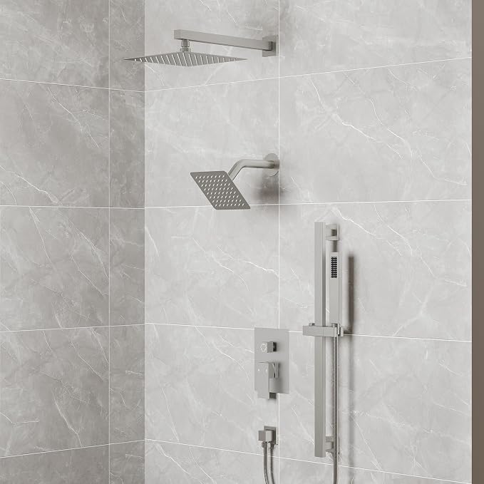 10" High-Pressure Rainfall Shower Faucet with Handheld Spray, Wall Mount Dual Shower Head System with Slide Bar (Brushed Nickel)