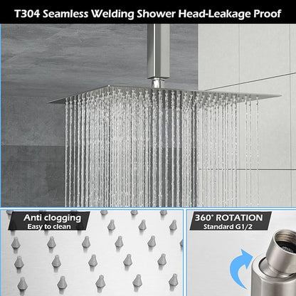 Lordear Rain Shower System 12 Inch Wall Mounted Shower Faucet Set, Brushed Nickel Stainless Steel Shower Head with Handle Set and Brass Valve Brushed Nickel 12" Shower Head