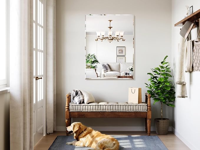 36"x48" Frameless Bathroom Mirror, Beveled Bathroom Vanity Mirror | Wall Mount Mirrors for Bedroom Entryway Living Room Hangs Horizontally or Vertically