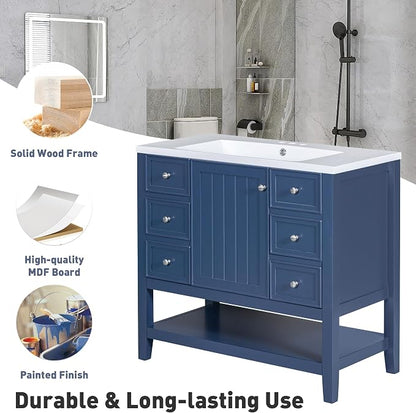 36" Bathroom Vanity with Sink Combo,One Three Drawers,Multi-Functional Solid Wood Cabinets Frame w/Adjustable Shelf & Silver Round Knobs,Stainless Steel Hinges,Blue